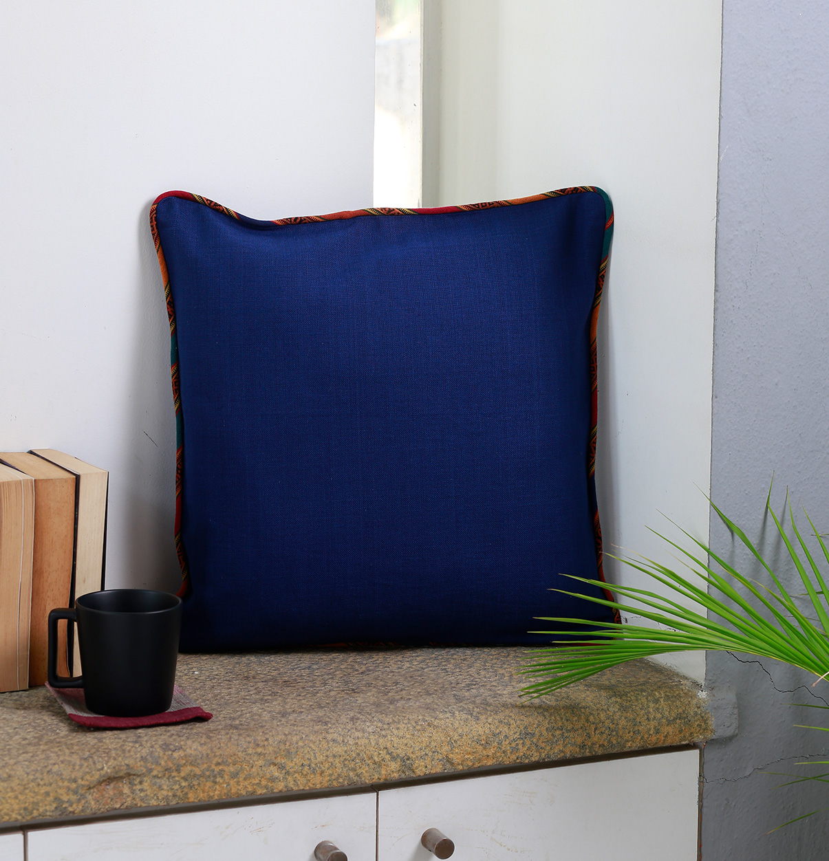 Buy Indigo Cotton Cushion cover with Vintage Piping Thoppia